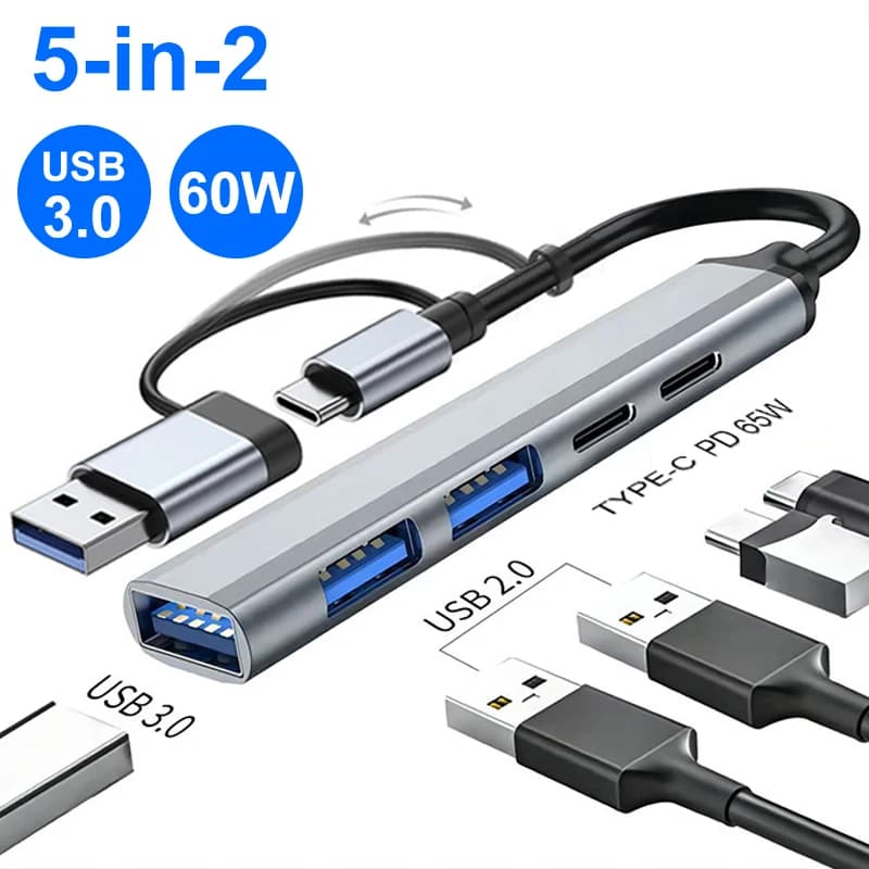 5-IN-2 USB 3.0 USB C HUB Tipo C a HUB PD 65W Multi USB Splitter Adattatore OTG Per Lenovo Macbook Pro Computer PC Tablet Laptop