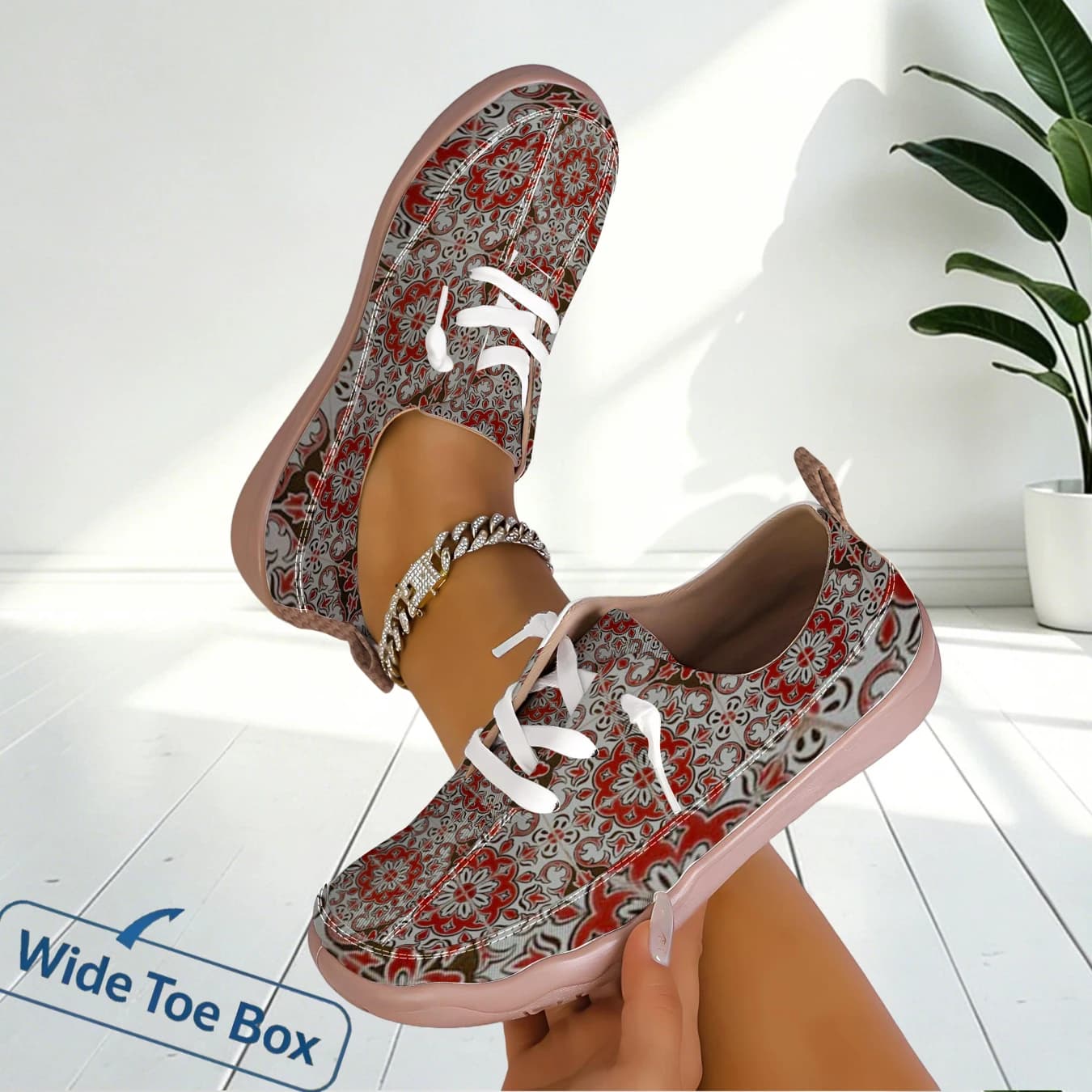 Women Floral Print Wide Toe Sneakers Light Breathable Flat Shoes For Commuting Travel Outdoor Walking