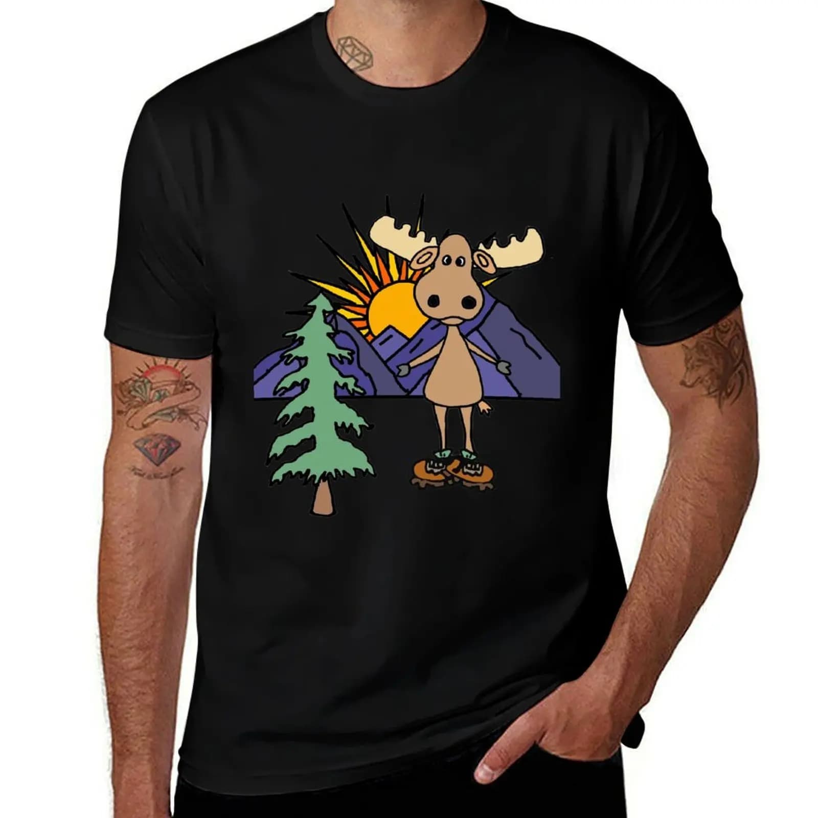 Funny Moose Wearing Hiking Boots Nature T-Shirt Soft Basic Cotton Short Sleeve Tee