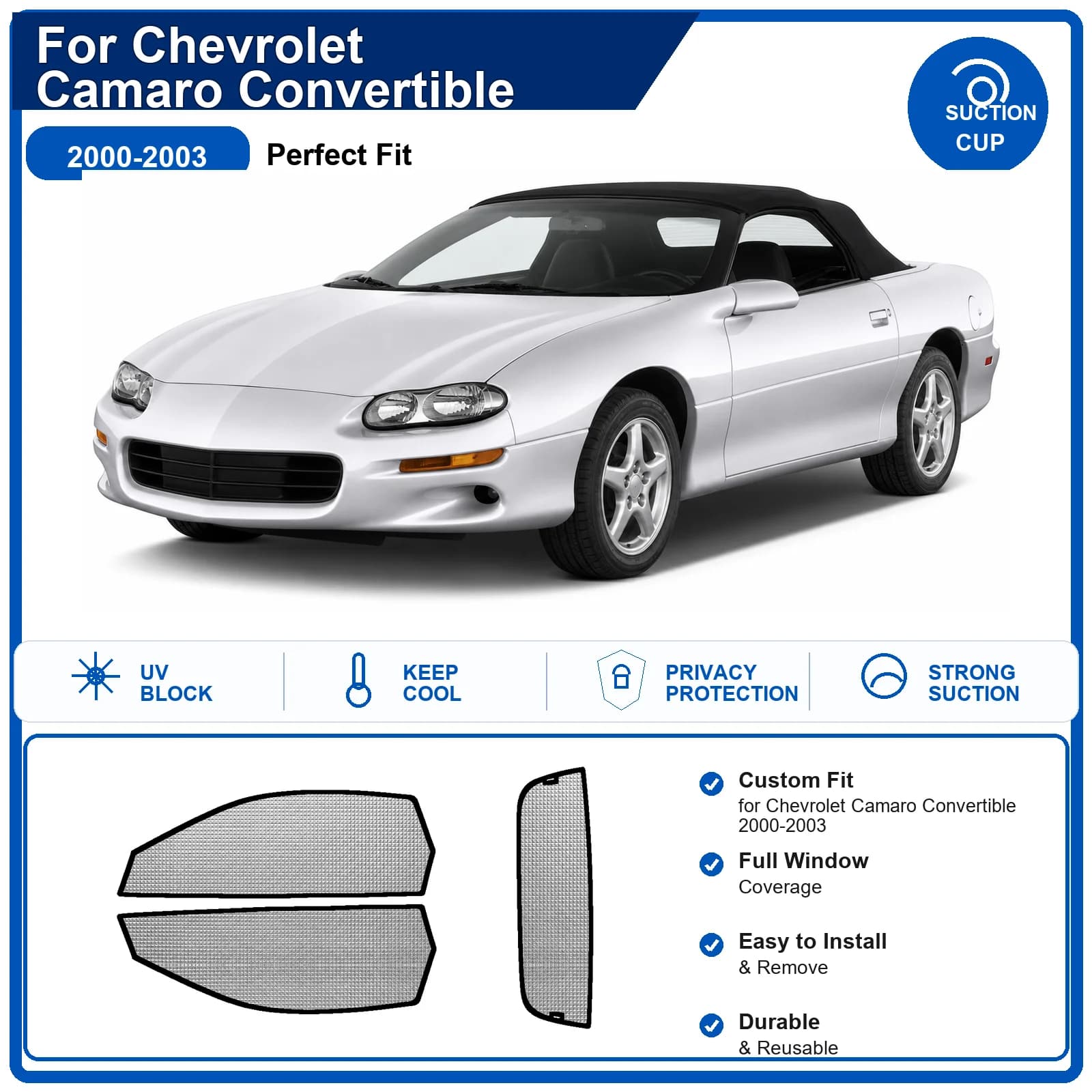 For Chevrolet Camaro Convertible 2000-2003 Custom Full Set Windshield Sun Shade Aluminum Foil Heat Insulation Anti UV Foldable