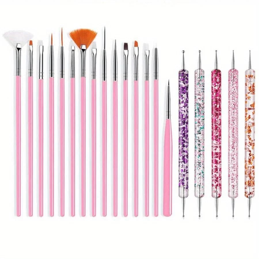 20 pz/set Nail Art Brush Design Punta Pittura Disegno Intagliare Penna Punteggiatura FlatFan Liner Gel Acrilico UV Smalto Strumenti per Manicure