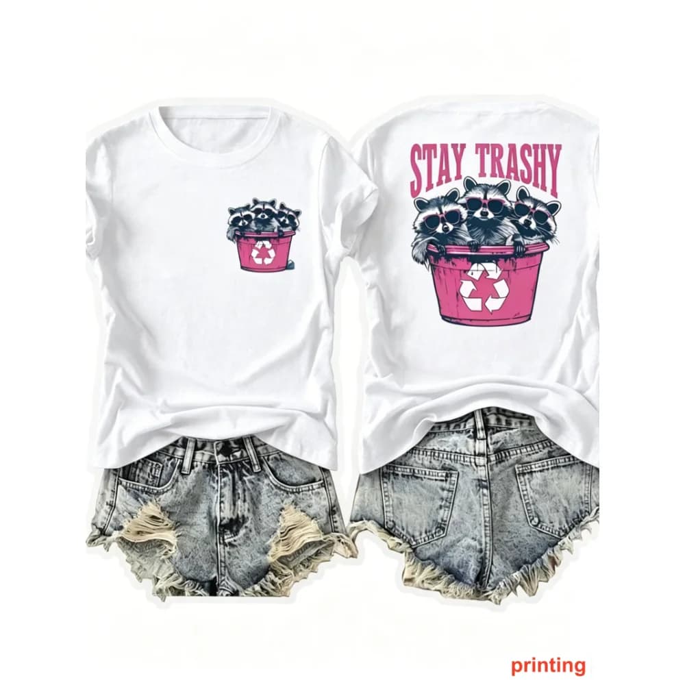 Women'S Summer Short-Sleeve T-Shirt with a Round Neck,Featuring a Cartoon Raccoon And Recycling Bin Print. Everyday Wear
