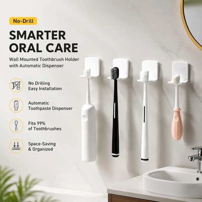 Minimalist Plastic Toothbrush Holder No Drill Wall Mount Organizer Rack for Electric Toothbrushes Space-saving Washroom Storage