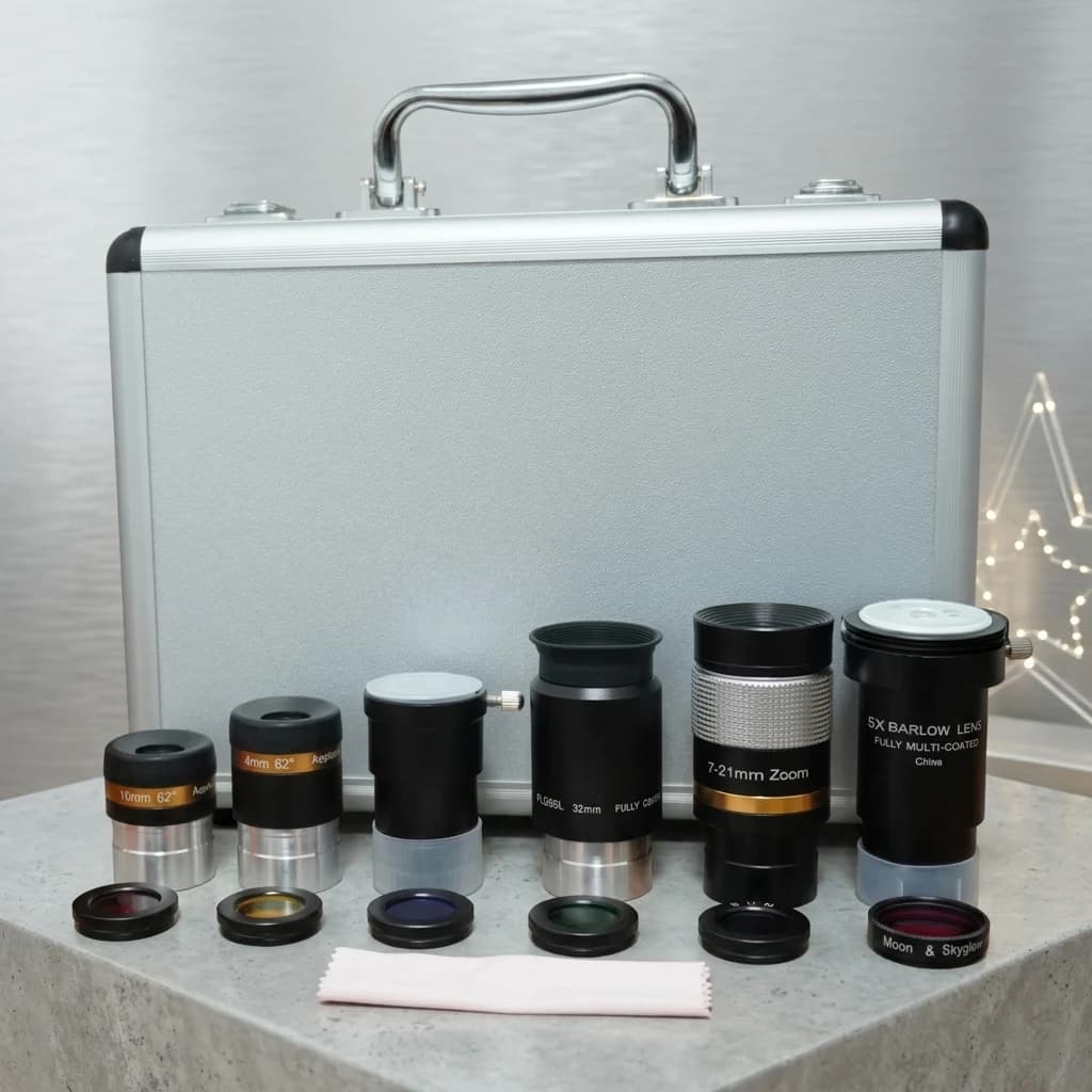 Kit Oculare per Telescopio da 1.25": Zoom 7-21mm + PL 32mm + Asferico 4/10mm + Barlow 5X + Lente Raddrizzatrice 1.5X + 6 Filtri con Custodia