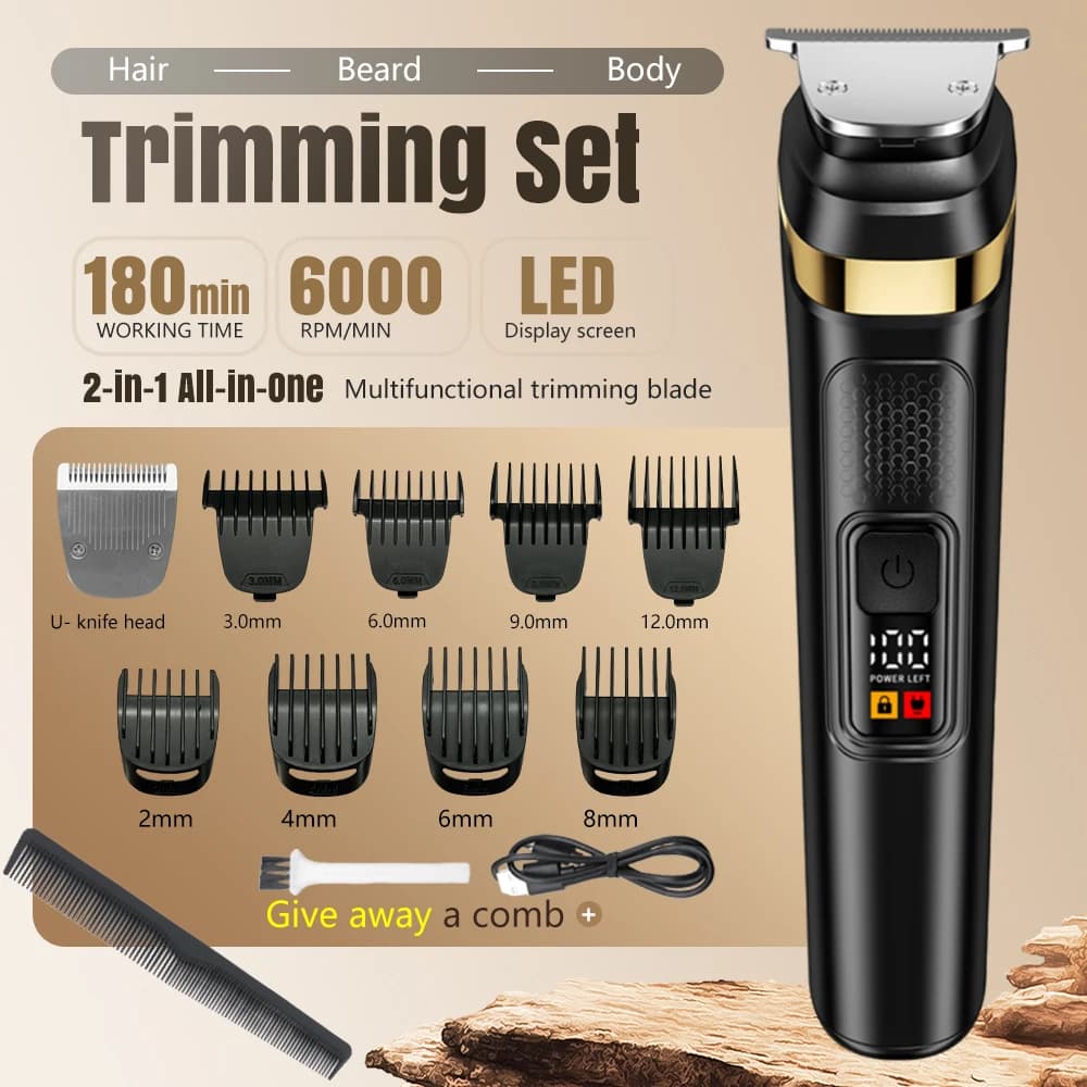 2 In 1 Men Hair Trimmer Beard Shaver Kit LCD Digital Display Electric Hair Clipper Rechargeable T/U Blade Hair Cutting Machine