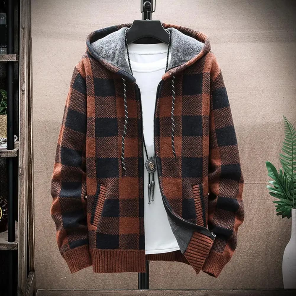 Nuovo maglione scozzese invernale da uomo Cardigan con cappuccio Cappotto freddo Giacca in lana con cerniera Autunno in pile Abiti caldi Maglione lavorato a quadretti