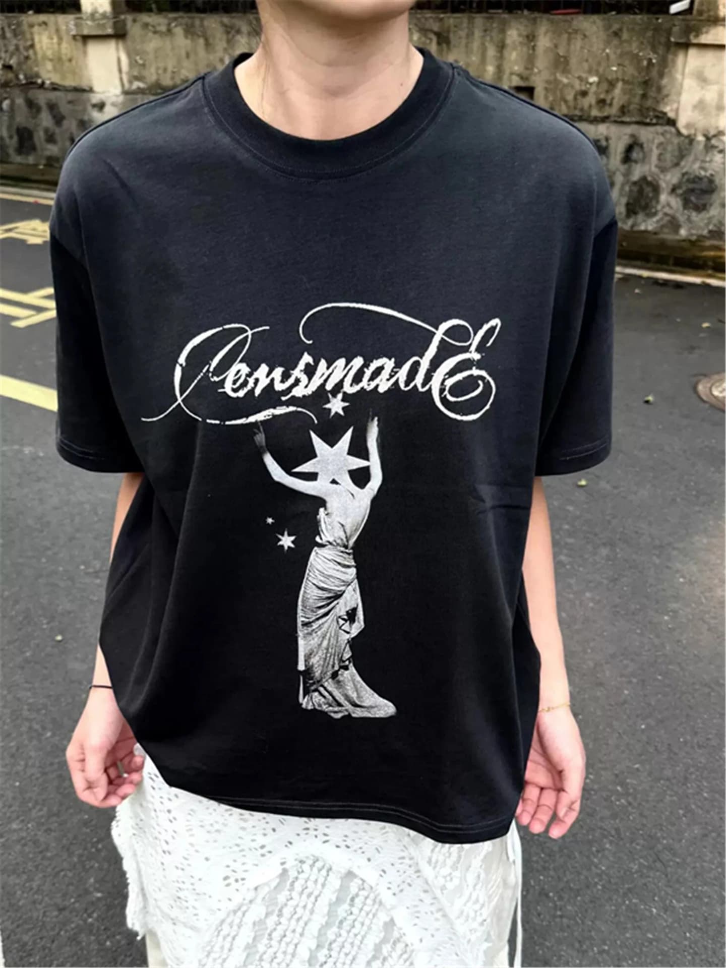 American Style Retro Black Star Print Short Sleeve Women's T-shirt Summer Heavyweight Pure Cotton Casual Versatile Top for Co...