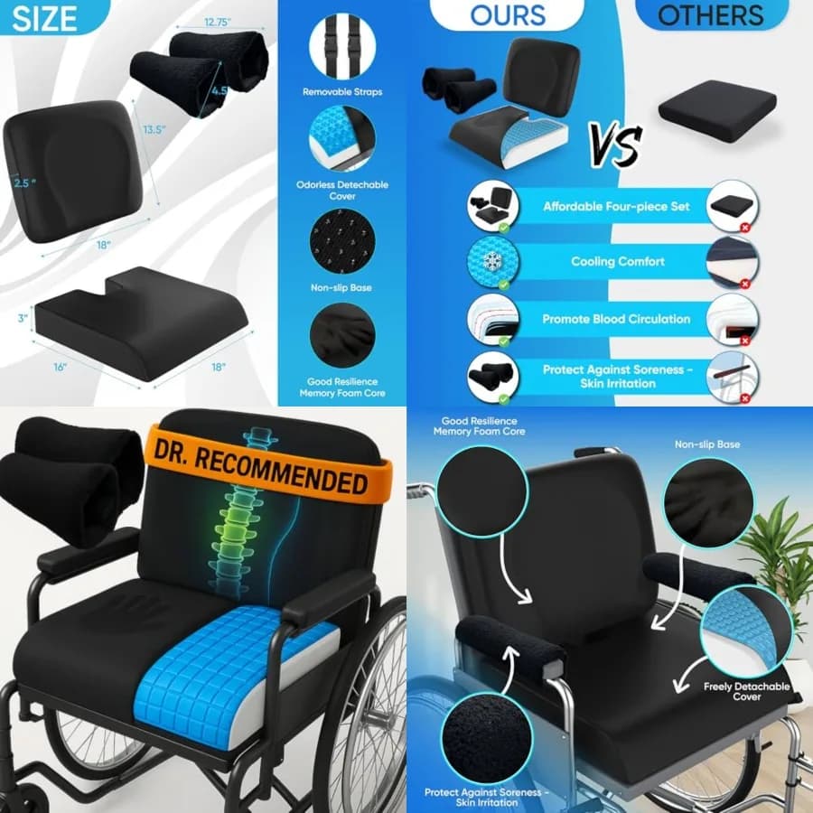 Set di 4 Pezzi per Sollievo dalla Pressione per Sedia a Rotelle - Cuscini Antiscivolo 18"x16", Cuscino Lombare e Imbottiture per Braccioli