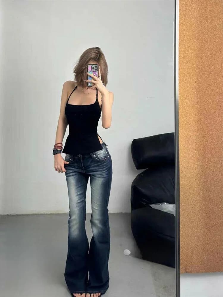 Jeans a Zampa d'Elefante a Vita Bassa da Donna, Modello Sottile Estivo Stile Americano Blu a Gamba Dritta