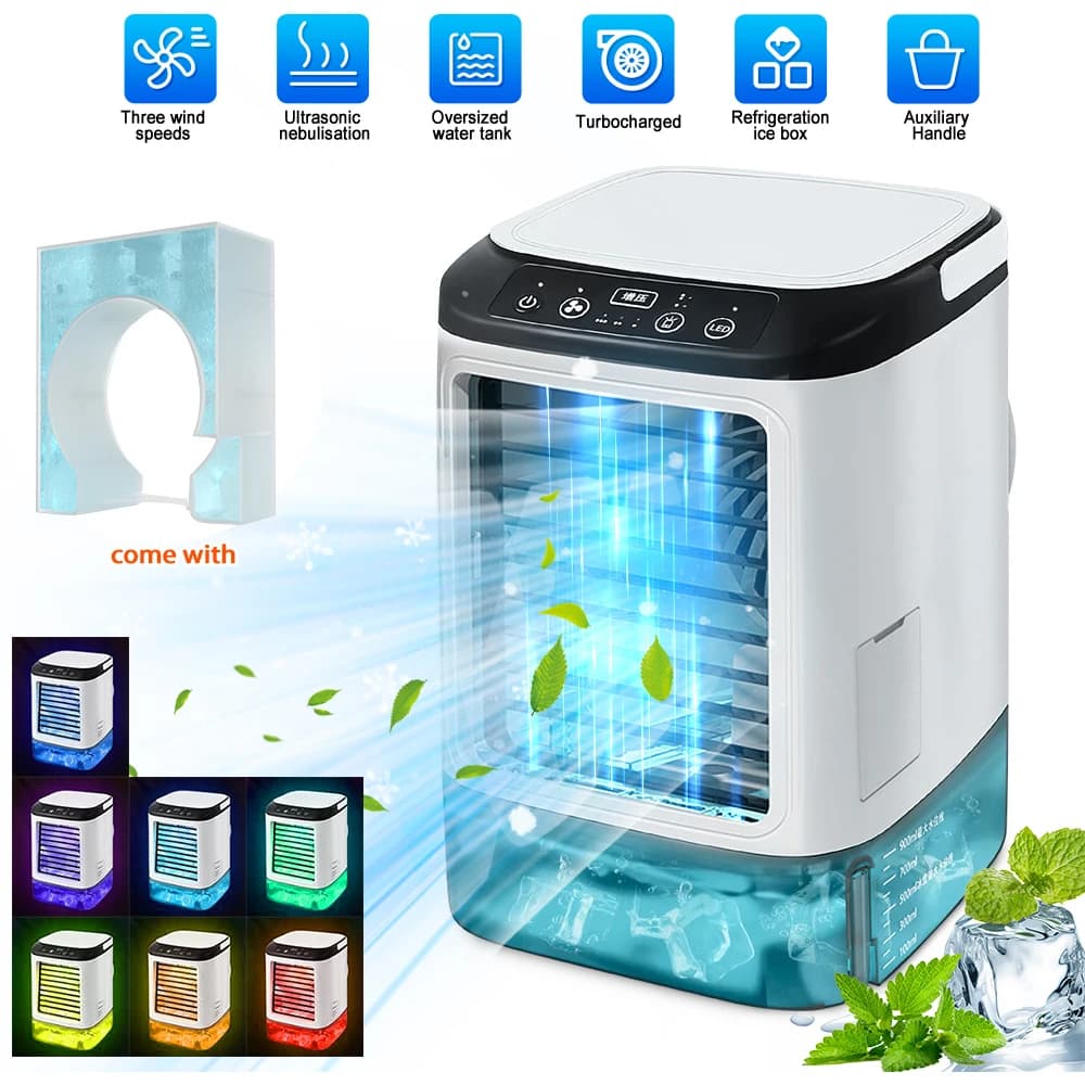 7-Color LED Portable Air Cooler Fan with Ice Box & Dual Mist - 3 Speed Desktop Cooling Fan, 900ml Water Tank, Quiet USB Mini Evaporative Cooler for Home Office Bedroom