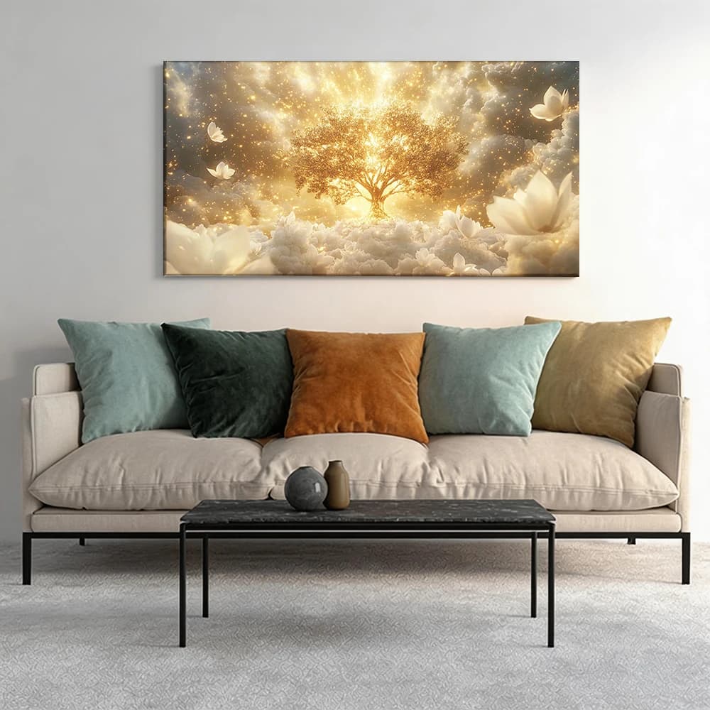 Painted on canvas with large wooden frame, 1 piece, Golden Tree, clouds, lotus.
