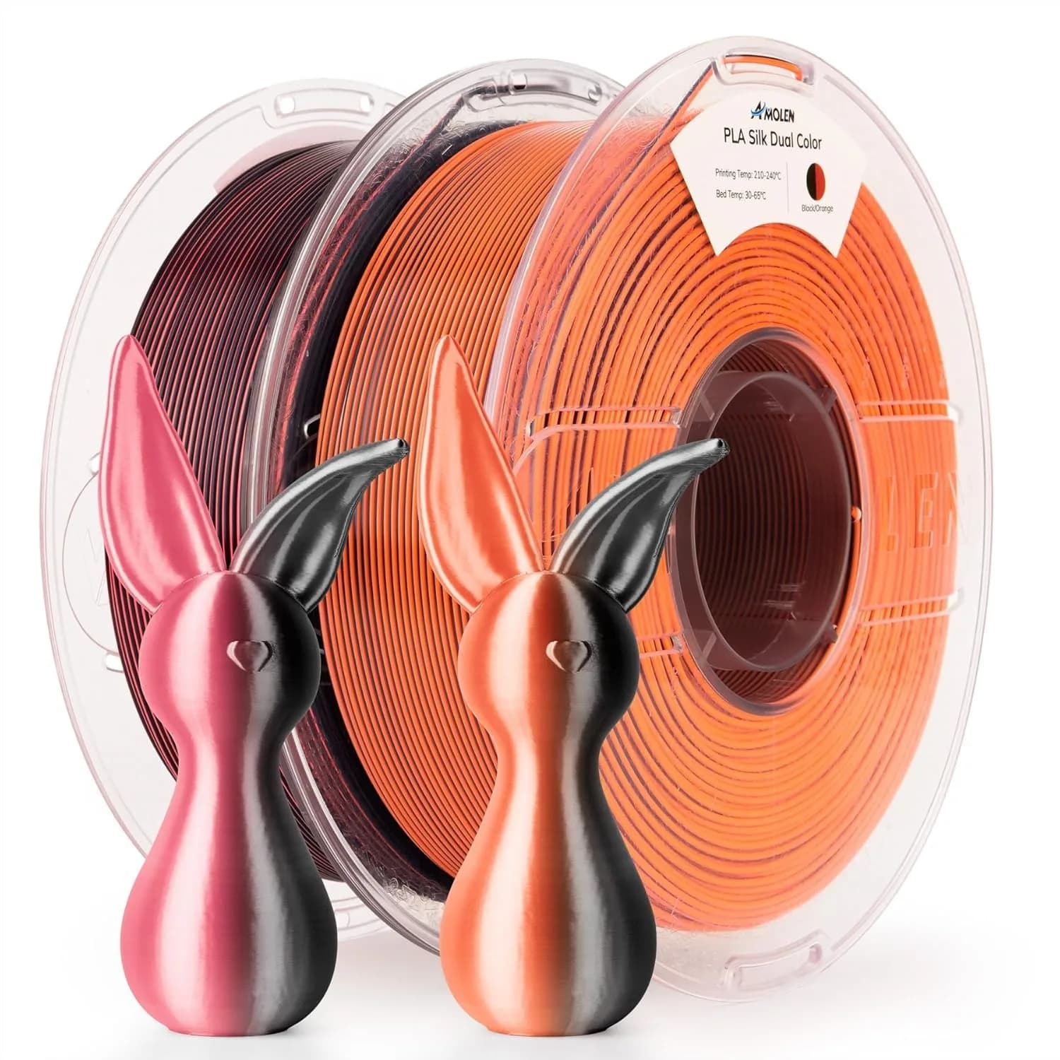 Silk Dual Color PLA 3D Printer Filament Bundle 2KG, Shiny Color Change 1.75mm Pack for FDM Printers, Black Orange & Black Pink