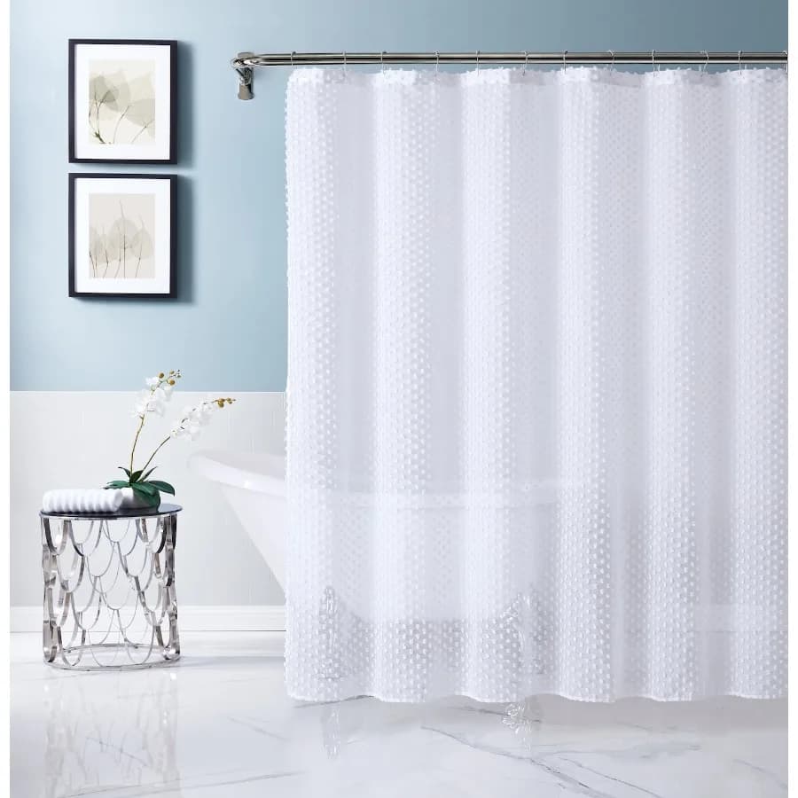 Valeria 3D Cotton Ball Puffs Linen-Look Solid Sheer Fabric 70 x 72 Shower Curtain in White