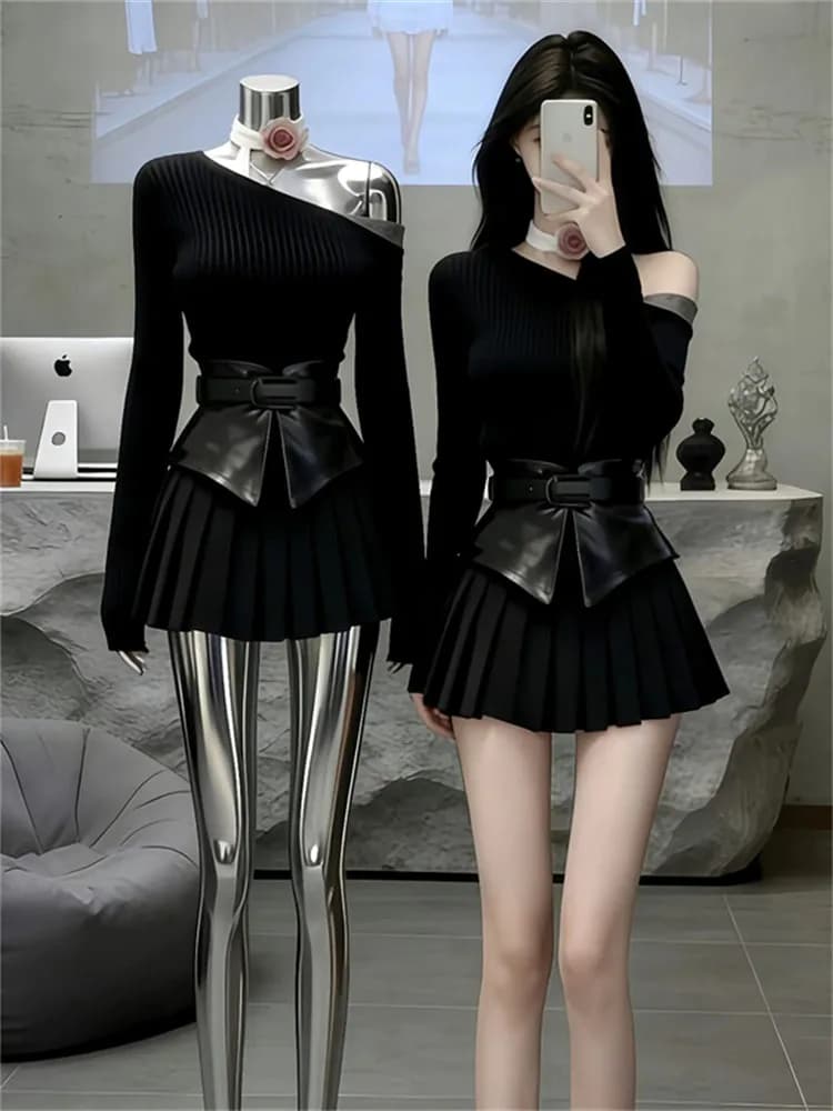 Hebe Style Women's Shoulder Bared Dress Set Slant Collar Two Piece Set Spring New Casual High Waist Pure Color Sunscreen