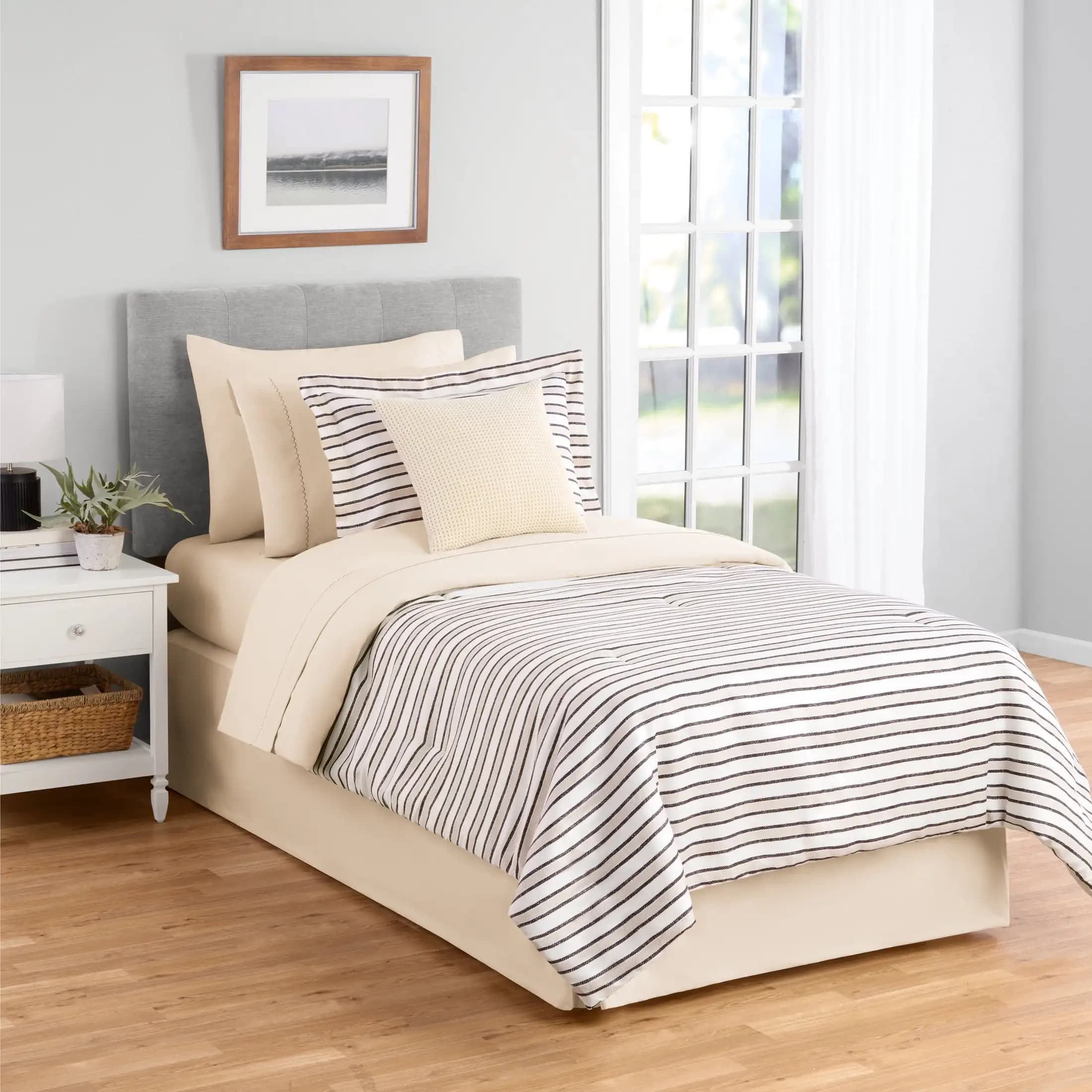 Soft Touch Bed in a Bag 8-Piece Reversible Tan & Black Striped Comforter Set with Sheets, Twin/Twin XL