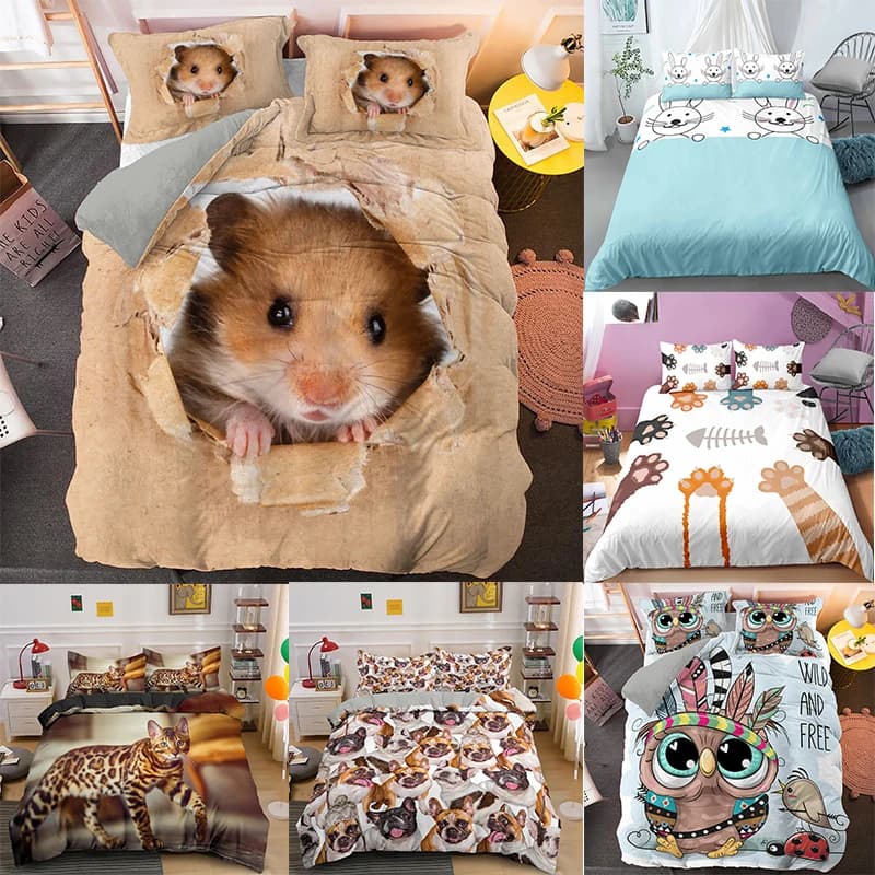 Set biancheria da letto per animali carini taglia singola gatto cane gufo Panda criceto fenicottero biancheria da letto per bambini Set copripiumino senza lenzuolo