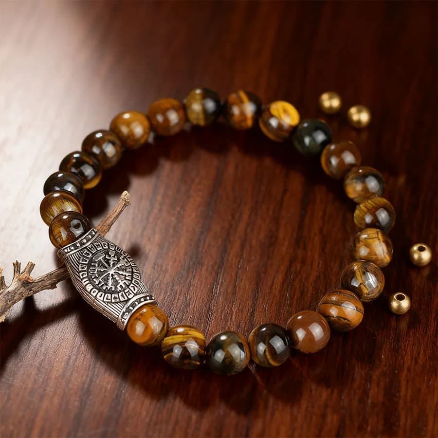 Bracciale con perline bussola vichinga per uomo Occhio di tigre Howlite bianca Gioielli di navigazione in pietra naturale Bracciale retrò nordico Joias