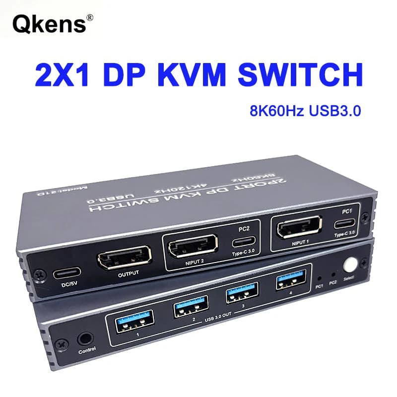 Switch KVM DP a 2 porte 8K 60Hz con 4 porte USB3.0 4K 120Hz DisplayPort per 2 computer PC, per condividere mouse, tastiera e monitor
