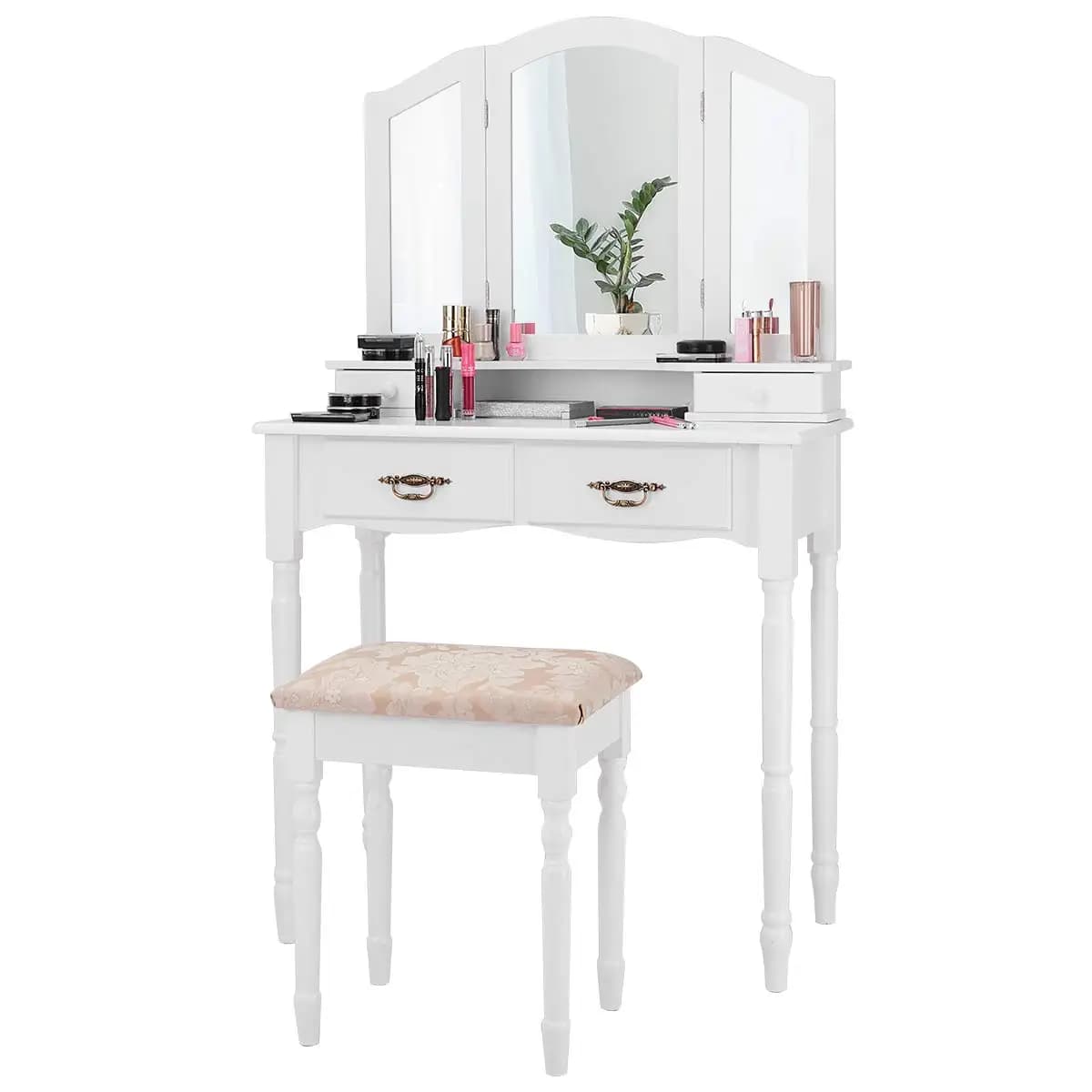 Set Toeletta con Specchio Pieghevole a Tre Ante, Tavolo da Trucco con 4 Cassetti e Ripiano Portaoggetti, Moderno per Camera da Letto e Bagno, Personalizzabile