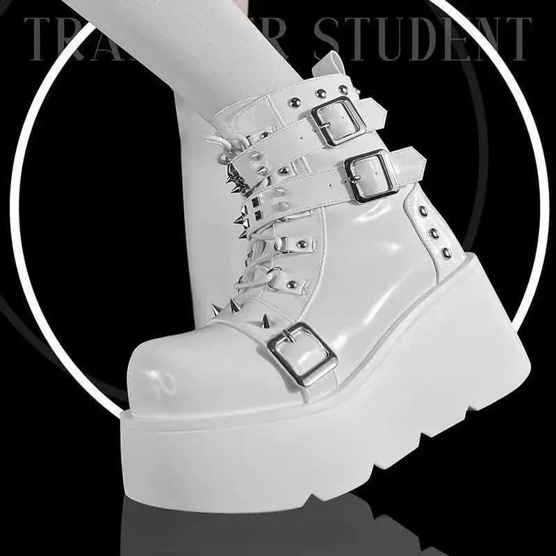 Metal Chain Patent Leather Punk Ankle Boots Women 2025 Winter Designer Chunky Platform Boots Woman Black Gothic Lolita Shoes