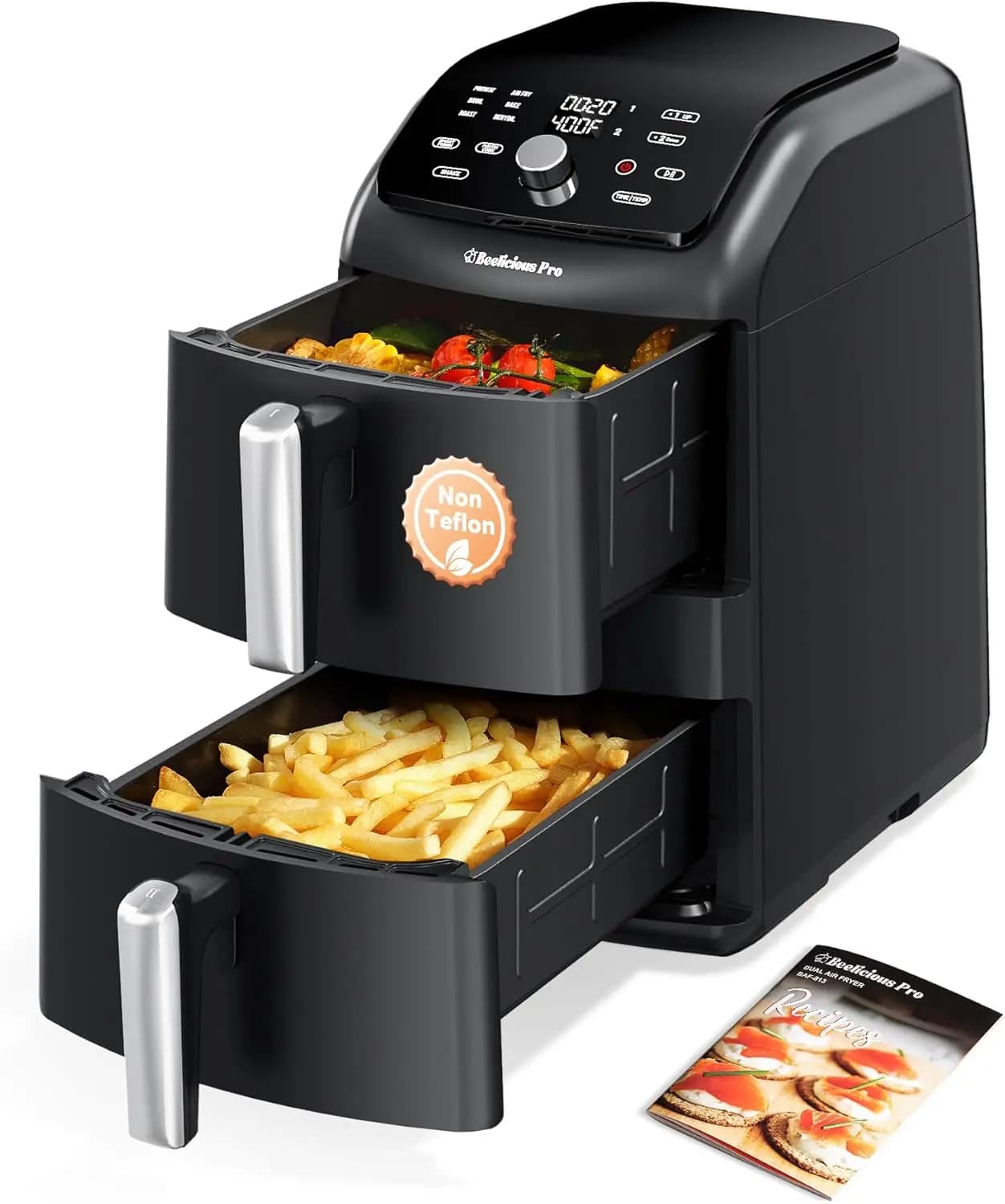 Friggitrice ad Aria Grande con Doppio Cestello, Tecnologia SyncHeat per Cottura Uniforme, Design Compatto Impilabile, Smart Finish e Match Cook