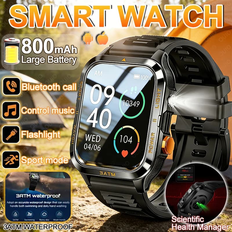 Nuovo Smartwatch da uomo per esterni con torcia, batteria grande da 880 mAh, resistenza all'acqua 3ATM, monitoraggio scientifico della salute, chiamate Bluetooth, compatibile con Android e iOS