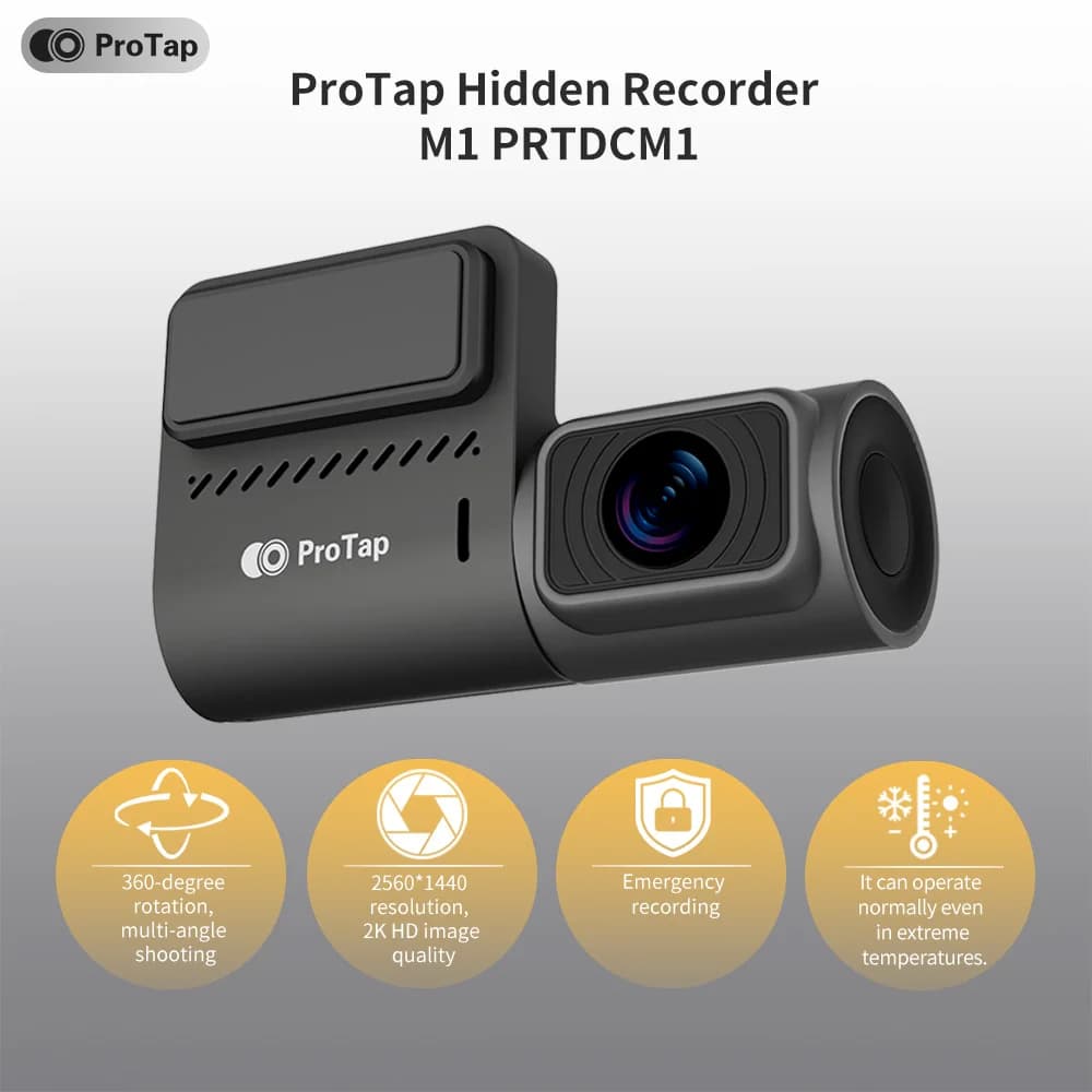 ProTap Dash Cam Registrazione 2K Videocamera per auto Videoregistratore 1440P Rotazione a 360 gradi Wi-Fi integrato Monitoraggio parcheggio 24 ore su 24