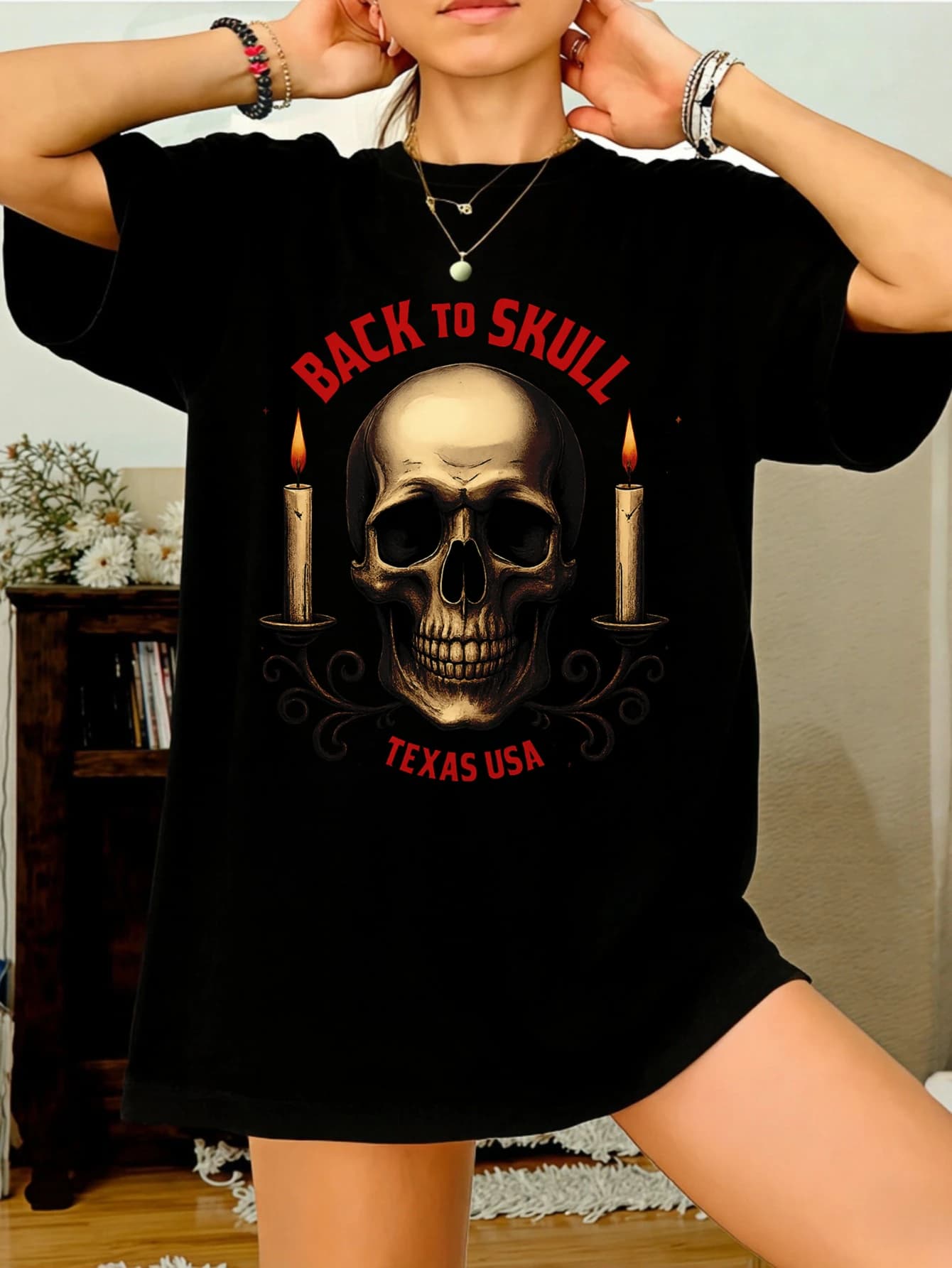 Women's Short Sleeved T-shirt with Print Skull and Candle - Women's Summer Casual Graphic T-shirt, Gift for Her