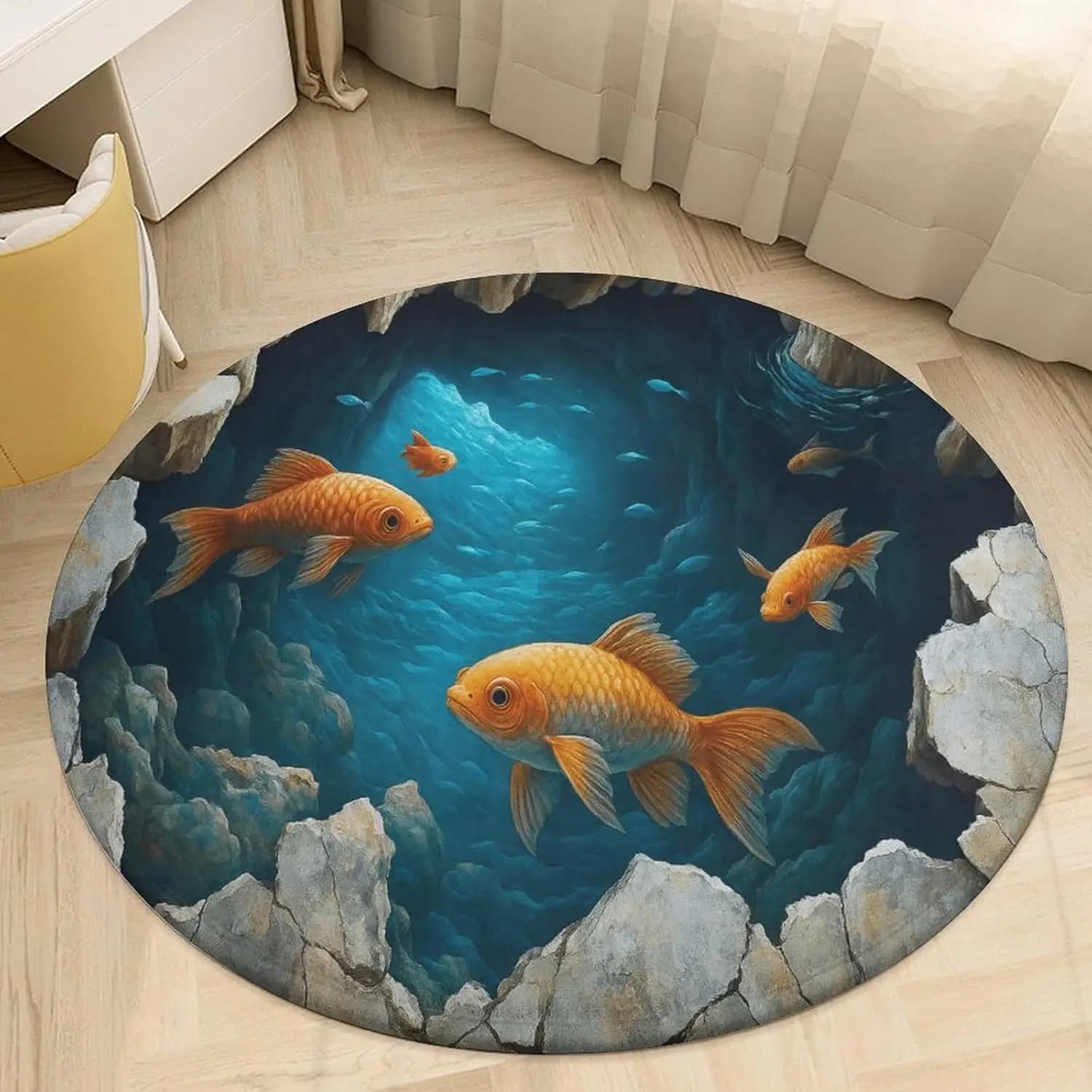 3D Goldfish Underwater Cave Carpet Anti Slip Round Carpet Home Decoration Living Room Floor Mat Blue Sea Fish Pattern Rug