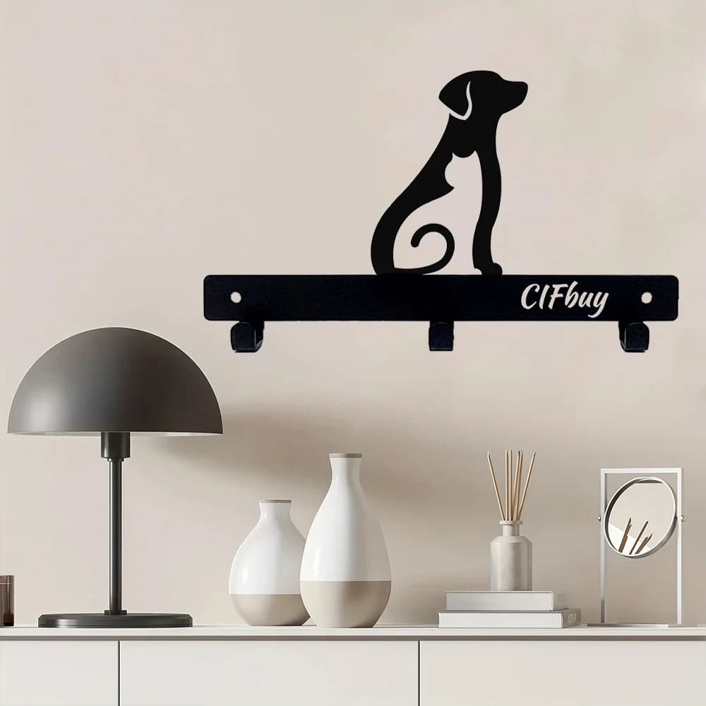 Portachiavi da parete in metallo con design a silhouette per gatti e cani, portaoggetti per cappotti, guinzagli, asciugamani, 1 pezzo