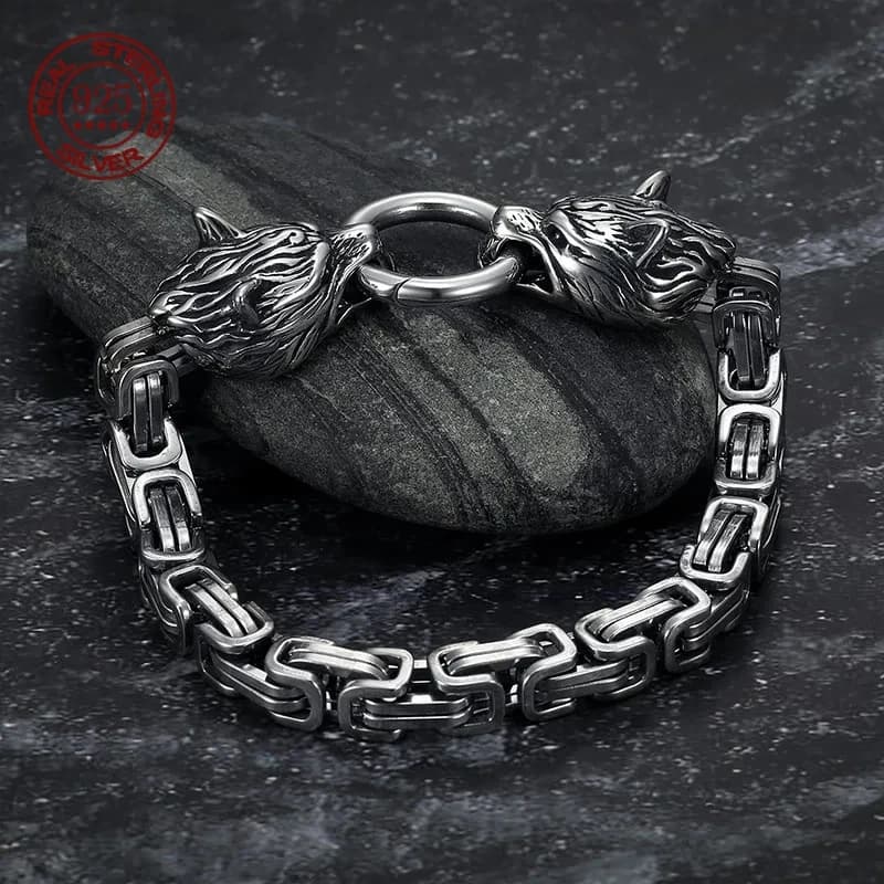 Bracciale in argento sterling S925 con doppia testa di lupo, lupo celtico nordico, polsino a catena bizantino, braccialetto per moto, gioielli, regalo creativo
