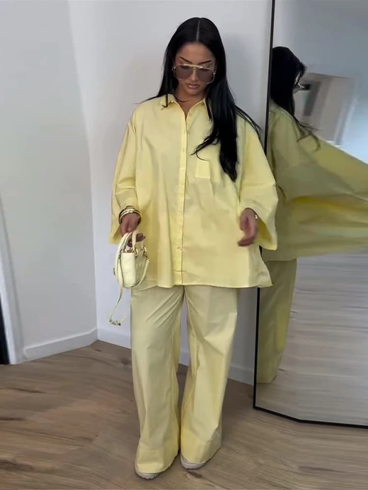 Loose Women's Shirt Pant Set Casual Single-breasted Turndown Collar Top High Waist Wide Leg Pants Female Suit 2026 Summer New