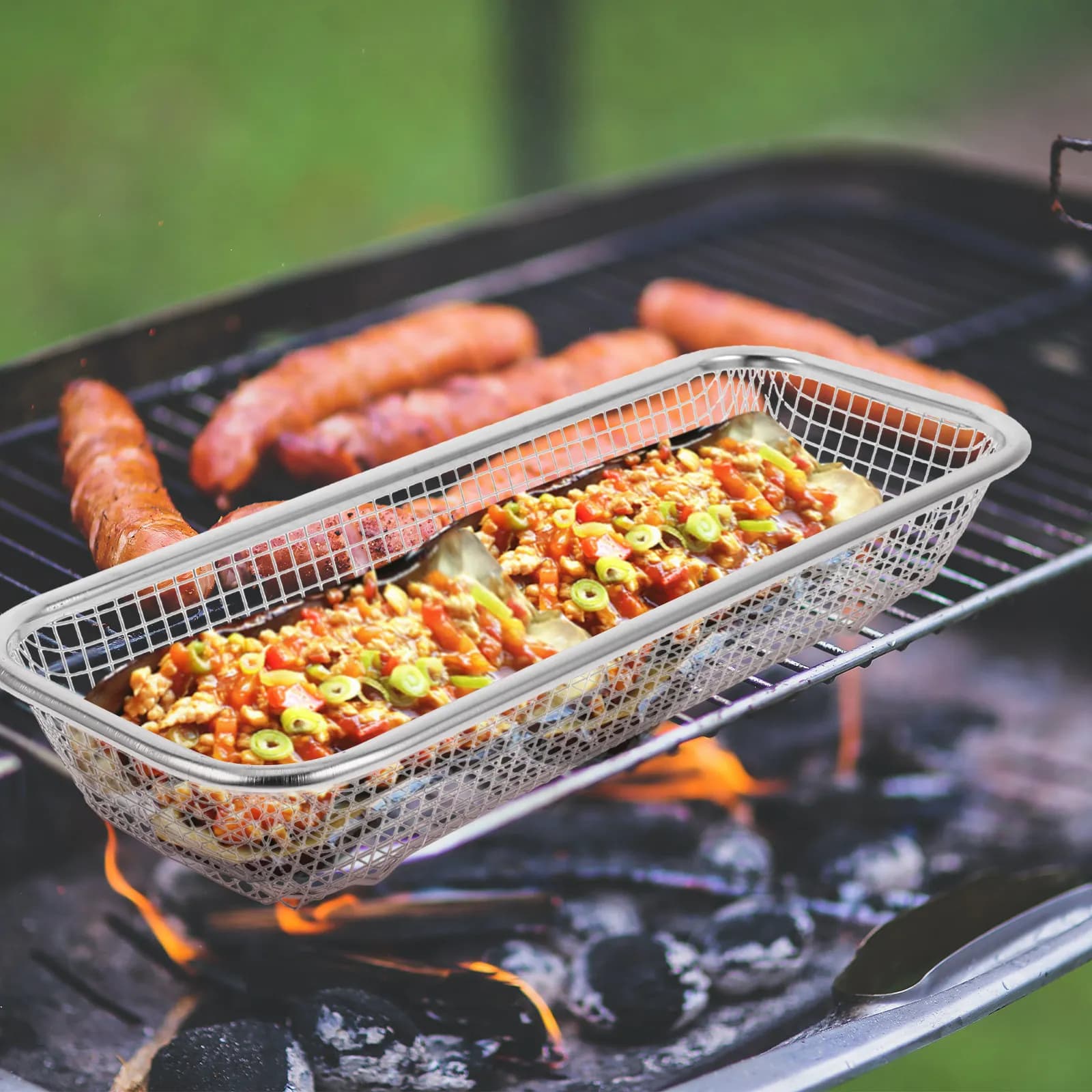 Cestello per barbecue in acciaio inossidabile, vassoio per friggitrice ad aria, padella per grigliare, vassoio per croccanti, accessori da cucina, cestello a rete per verdure