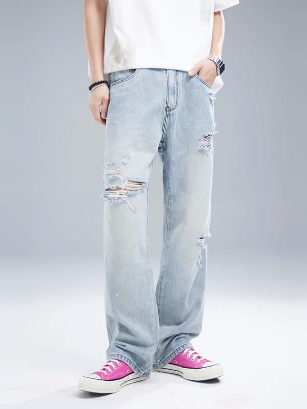 Jeans da Uomo Trendy Stile Americano Primavera Estate, Pantaloni Larghi con Strappi, Taglio Dritto, Lunghi, Casual