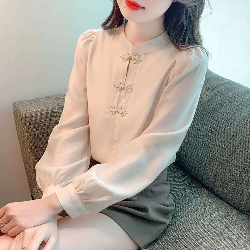 Nuova camicia in Chiffon a maniche lunghe con fibbia in piedi in stile cinese per donna con un temperamento Versatile e un piccolo Top