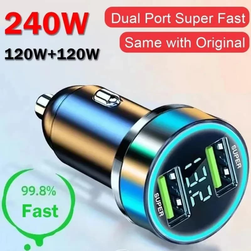 120 W super fast car charger, 240 W, dual USB ports with digital display, fast charging adapter for iPhone, Samsung, Xiaomi