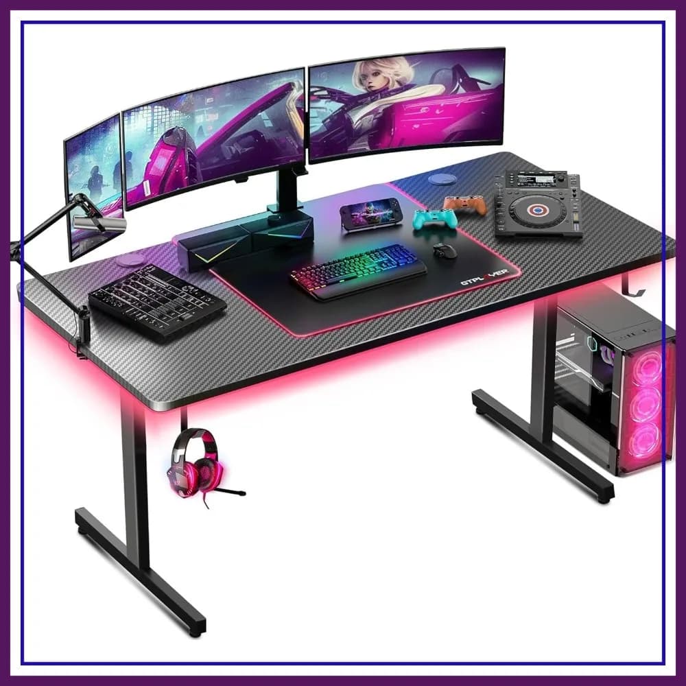 Scrivania da Gaming da 55 Pollici con Luci LED, Grande Scrivania per Computer con Tappetino Mouse per Ufficio Domestico, Postazione PC a Forma di T con Superficie in Fibra di Carbonio e Gancio per Cuffie