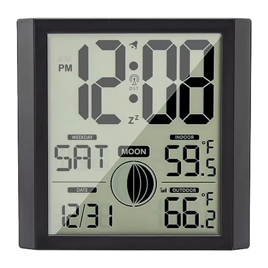 Orologio da Parete Atomico con Temperatura Interna/Esterna, Display a Numeri Grandi, Silenzioso, a Batteria, Sveglia Analogica e Digitale per Camera da Letto