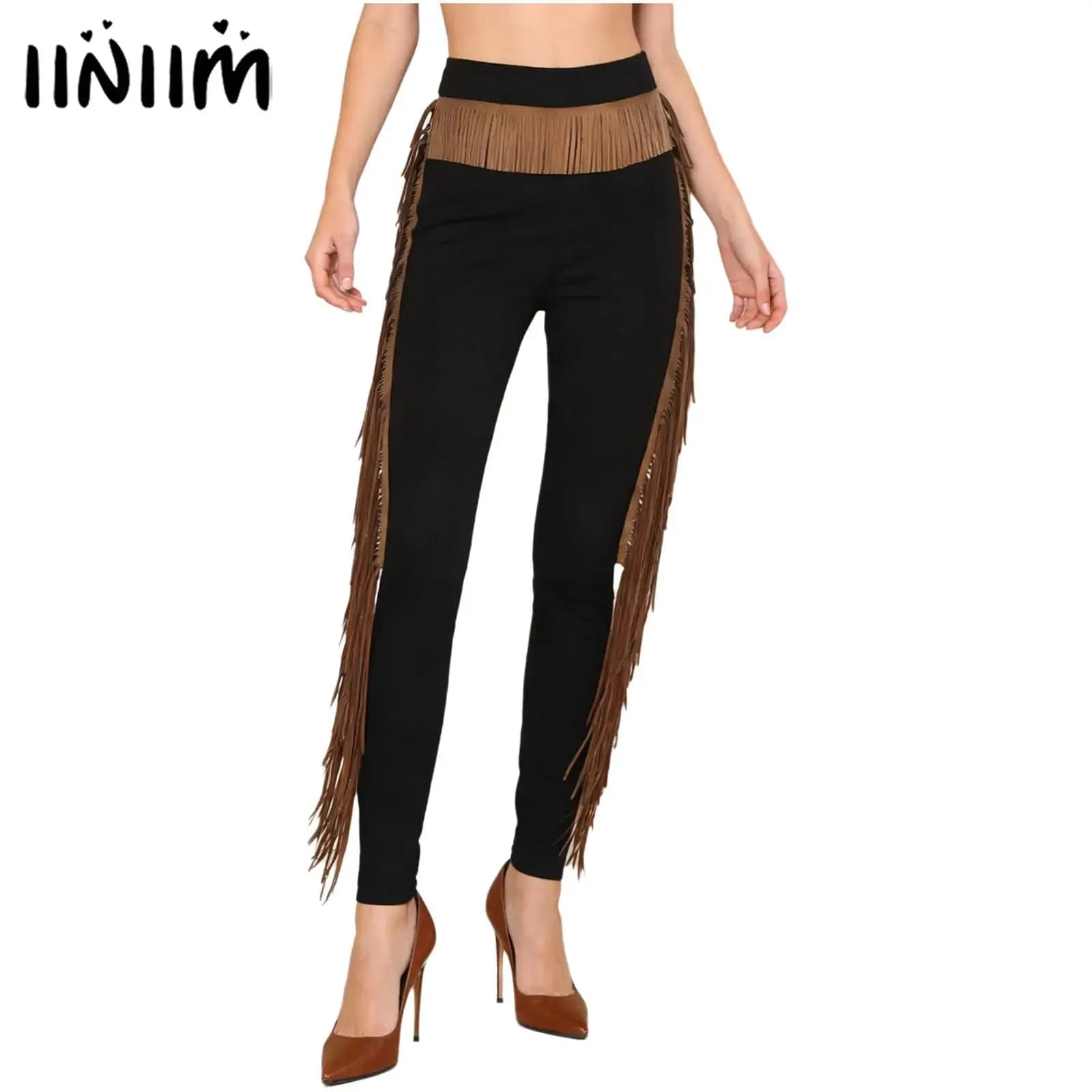 Pantaloni Skinny da Donna per Feste Rave, Stile Western Cowgirl con Frange, Pantaloni Lunghi con Nappe su Vita e Cuciture Laterali, Leggings con Cerniera Posteriore
