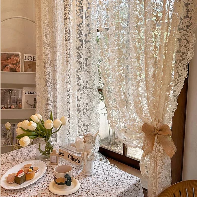 1PC Korean Style French Ins Cream Style Lace Tulle Curtain For Bedroom And Kitchen Small Window Decoration,Home Window Curtains