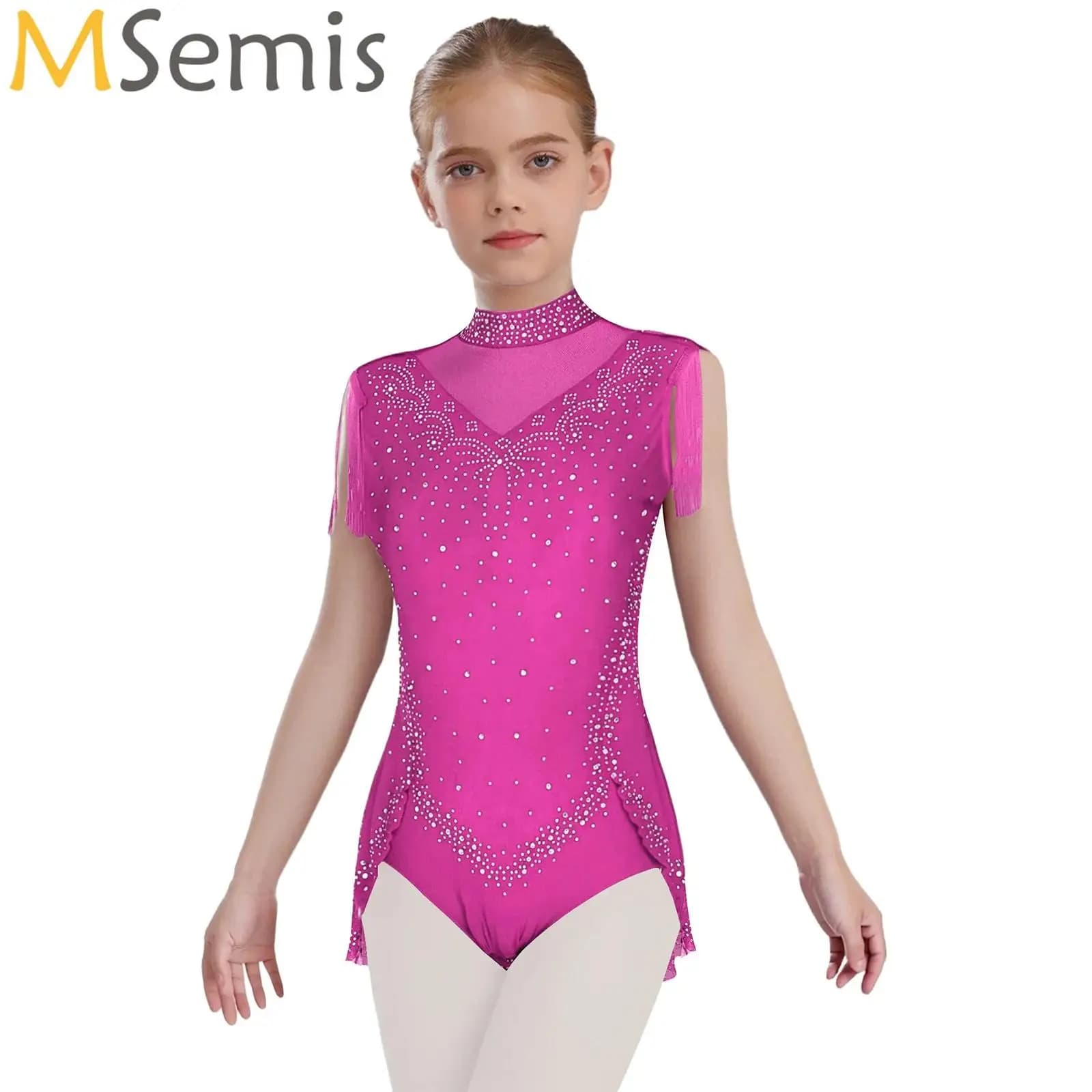 Bambini Ragazze Ginnastica Balletto Jersey Figura Pattinaggio su ghiaccio Costume di danza lirica Collo a lupetto Strass lucidi Maglia con gonna Body