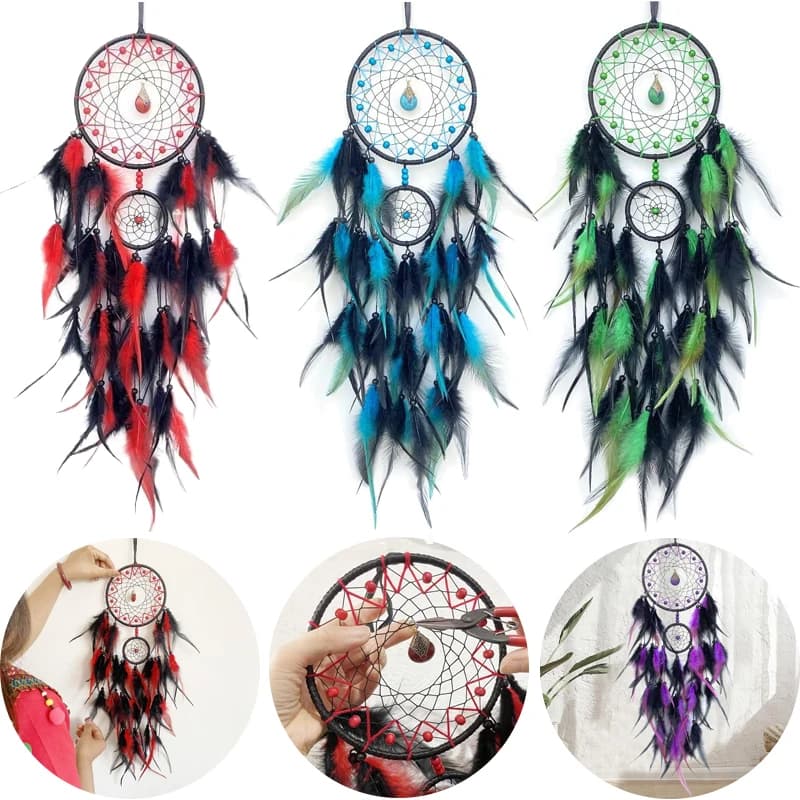 Hand-woven Dreamcatcher Wind Chimes Adorned With Artificial Feathers And Crystals Vintage Dream Catcher Ornament Wall Decoration