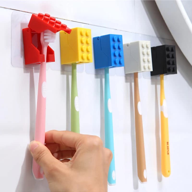 Porta spazzolino a forma di blocco da costruzione Mini creativo per bambini Portaoggetti per spazzolino da parete impermeabile per polvere