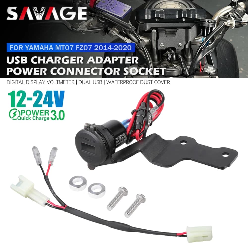 Per YAMAHA MT07 FZ07 2014-2020 Caricatore rapido 3.0 Doppia presa USB 12V Presa di corrente Cavo Spina Connettore ausiliario MT-07 FZ-07