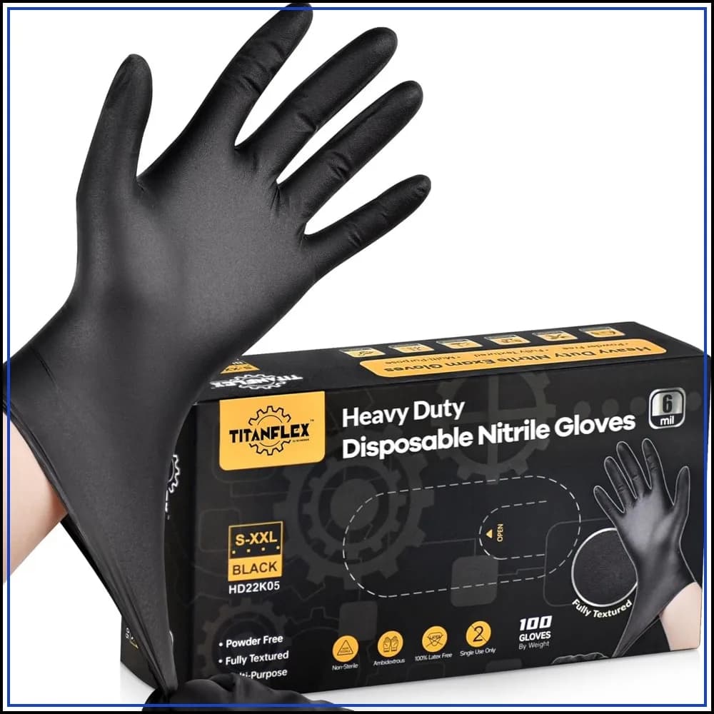 Heavy Duty Black Nitrile Gloves, 6 Mil, Fully Textured, Mechanic Disposable Gloves, Latex Free, Powder Free