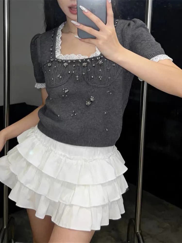 High-End European Style Women's Knitted Short Sleeve Top with Lace Collar Handmade Beading Slim Fit Square Neck Pullover