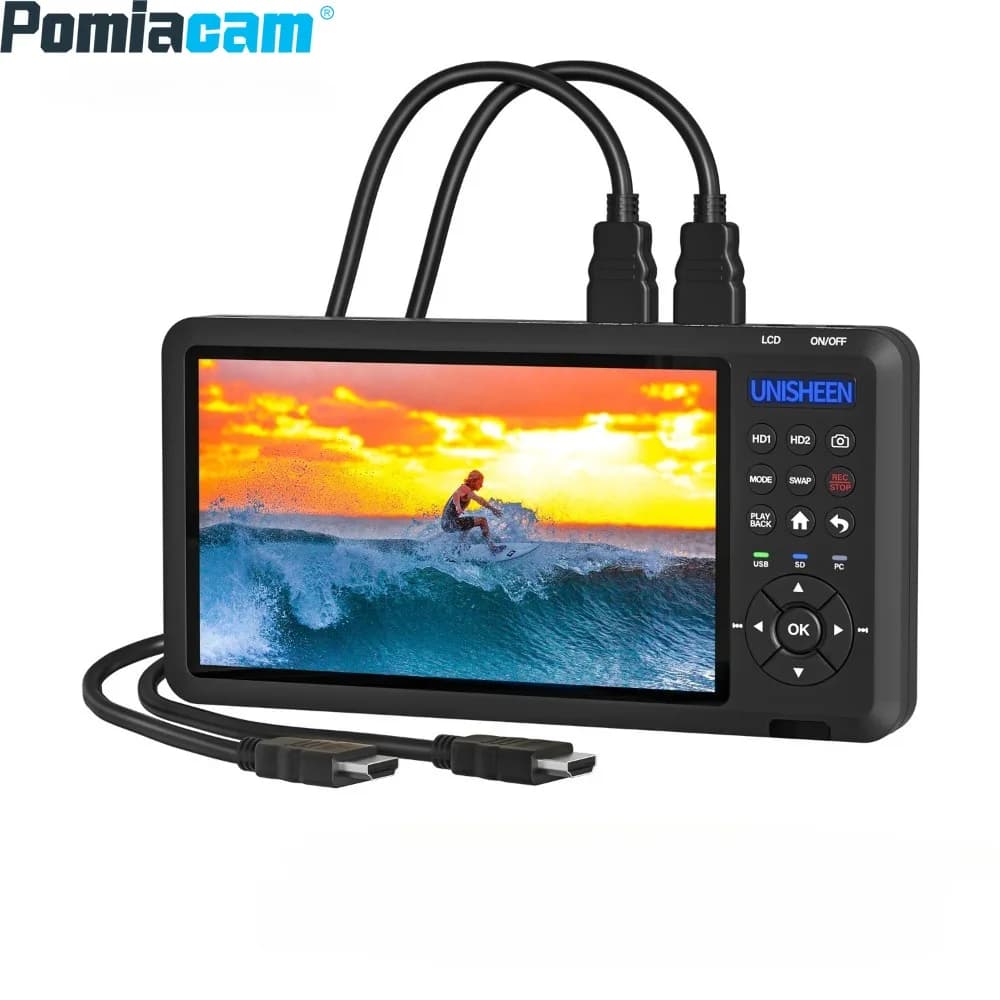 Registratore di acquisizione video HDMI 4K UR500 con schermo da 7", doppio ingresso, supporto unità USB/HDD/scheda SD per streaming e registrazione dal vivo