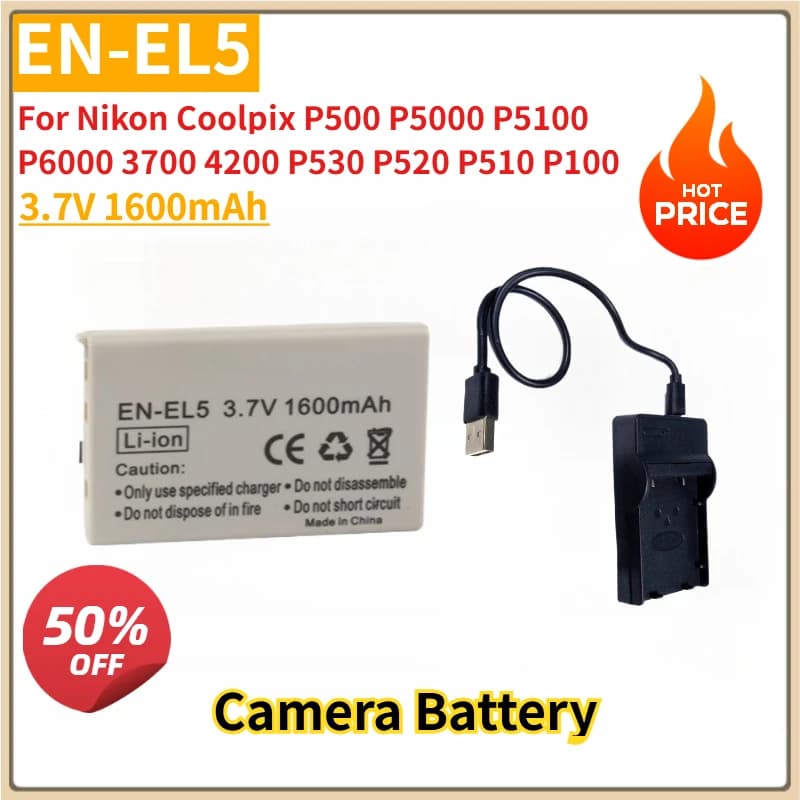 New replacement battery for EN-EL5 ENEL5 3.7V 1600mAh camera with charger for Nikon Coolpix P500 P5000 P5100 P6000 3700 4200 P530