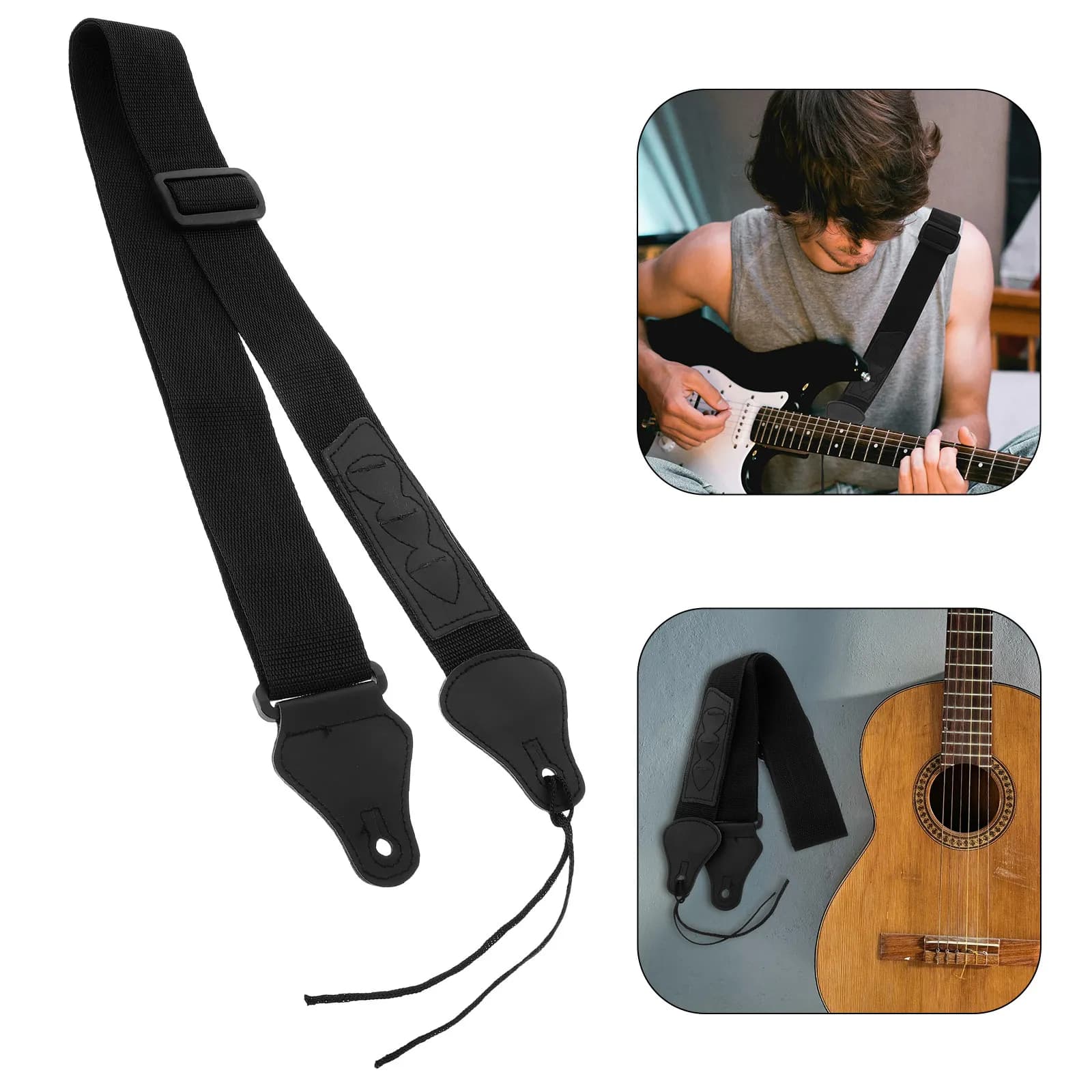 Tracolla per Chitarra Nera Regolabile con Porta Plettri per Chitarra Acustica, Elettrica, Basso e Ukulele