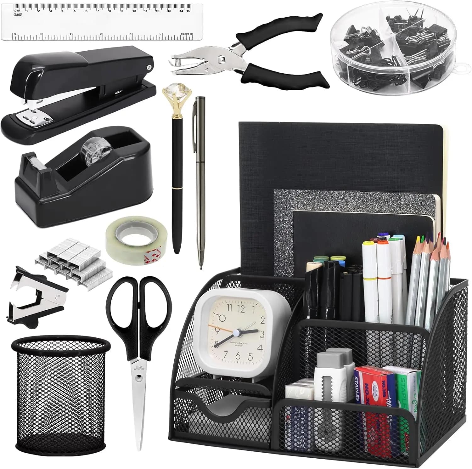 Set Organizzatore da Scrivania 13-in-1 con Graffettatrice, Dispenser Nastro Adesivo, Portapenne, Forbici, Righello, Perforatrice e Altro Ancora per il Ritorno a Scuola (Nero)